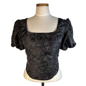 Disturbia Black Puff Sleeve Corset  Back Top US 12 Grunge Goth Boning Victorian